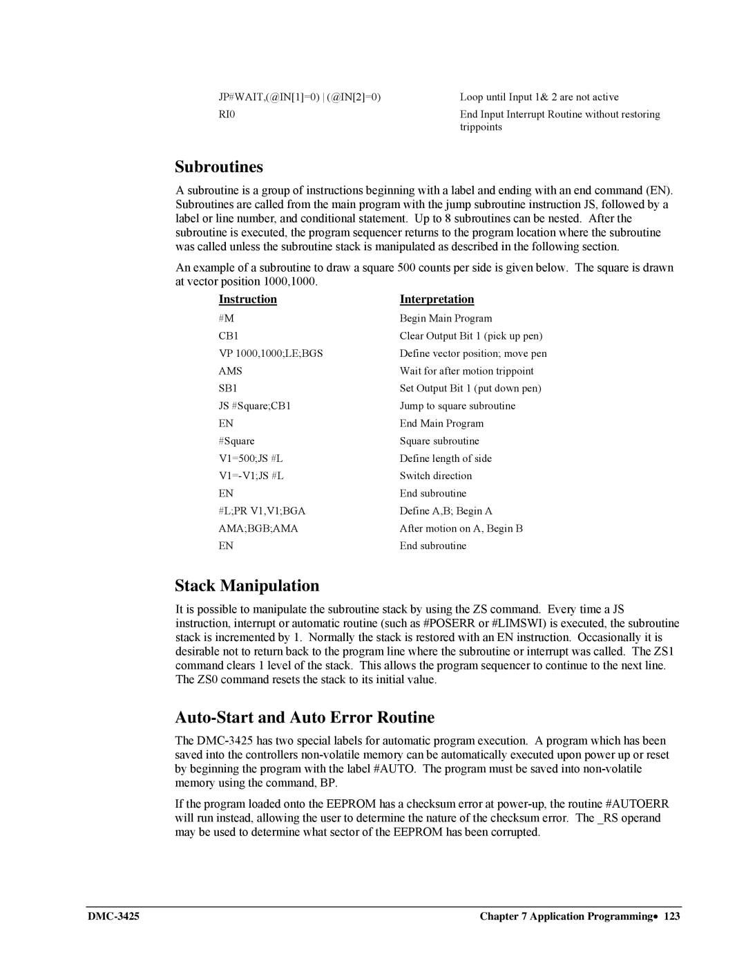 Galil DMC-3425 user manual Subroutines, Stack Manipulation, Auto-Start and Auto Error Routine 