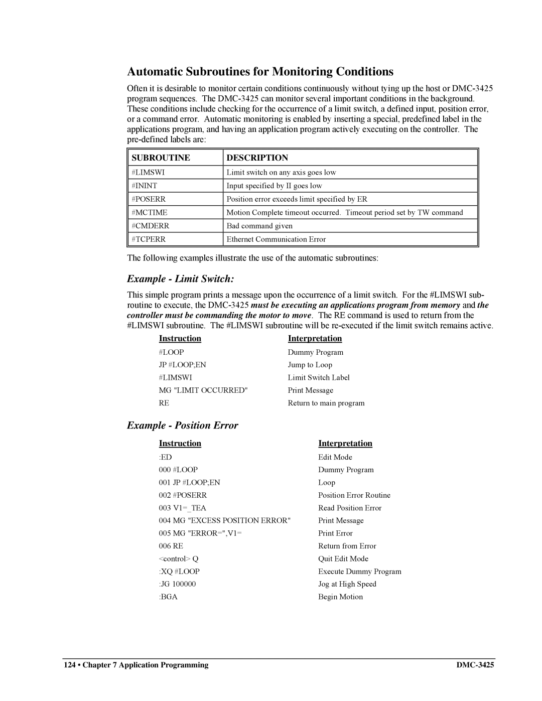 Galil DMC-3425 user manual Automatic Subroutines for Monitoring Conditions, Example Limit Switch, Example Position Error 