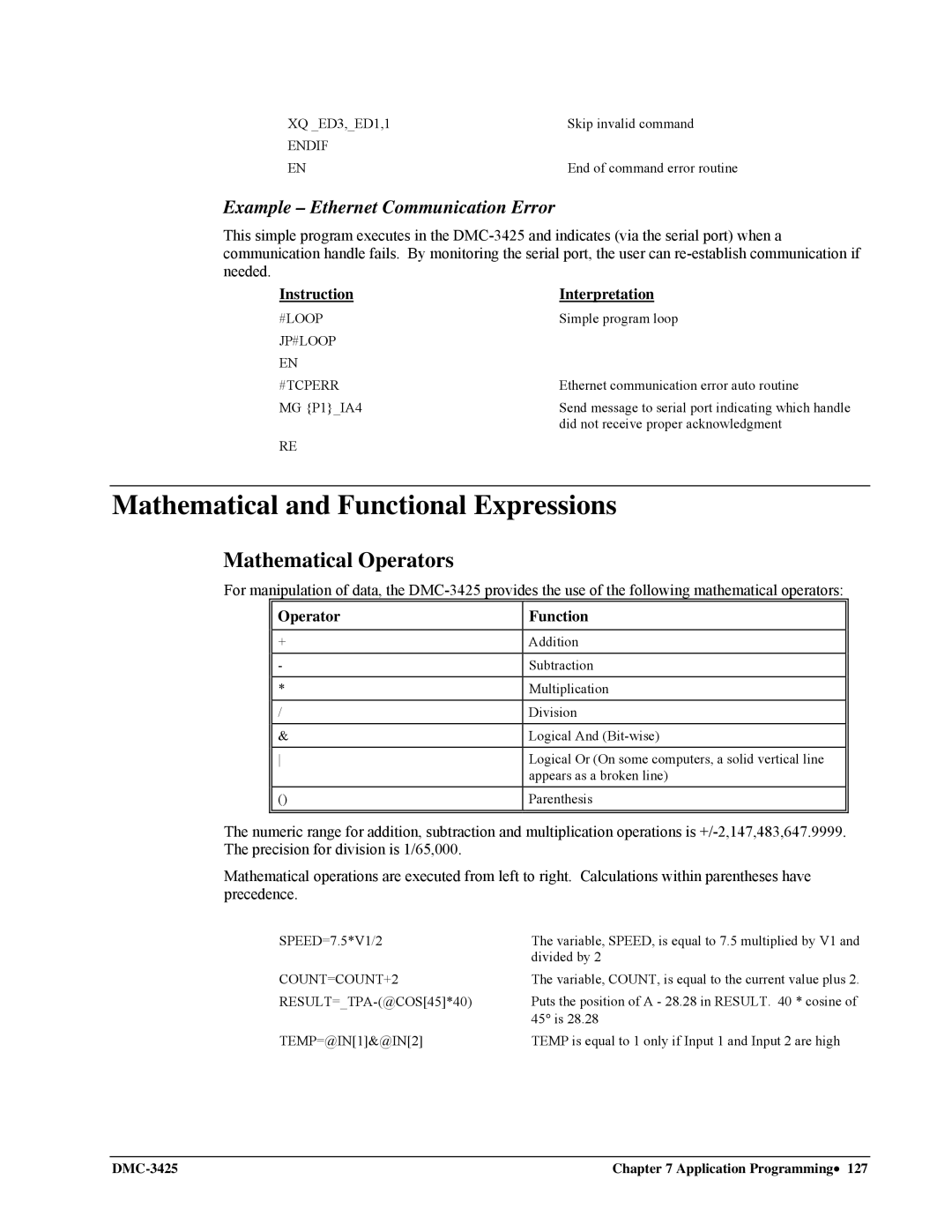 Galil DMC-3425 Mathematical and Functional Expressions, Mathematical Operators, Example Ethernet Communication Error 