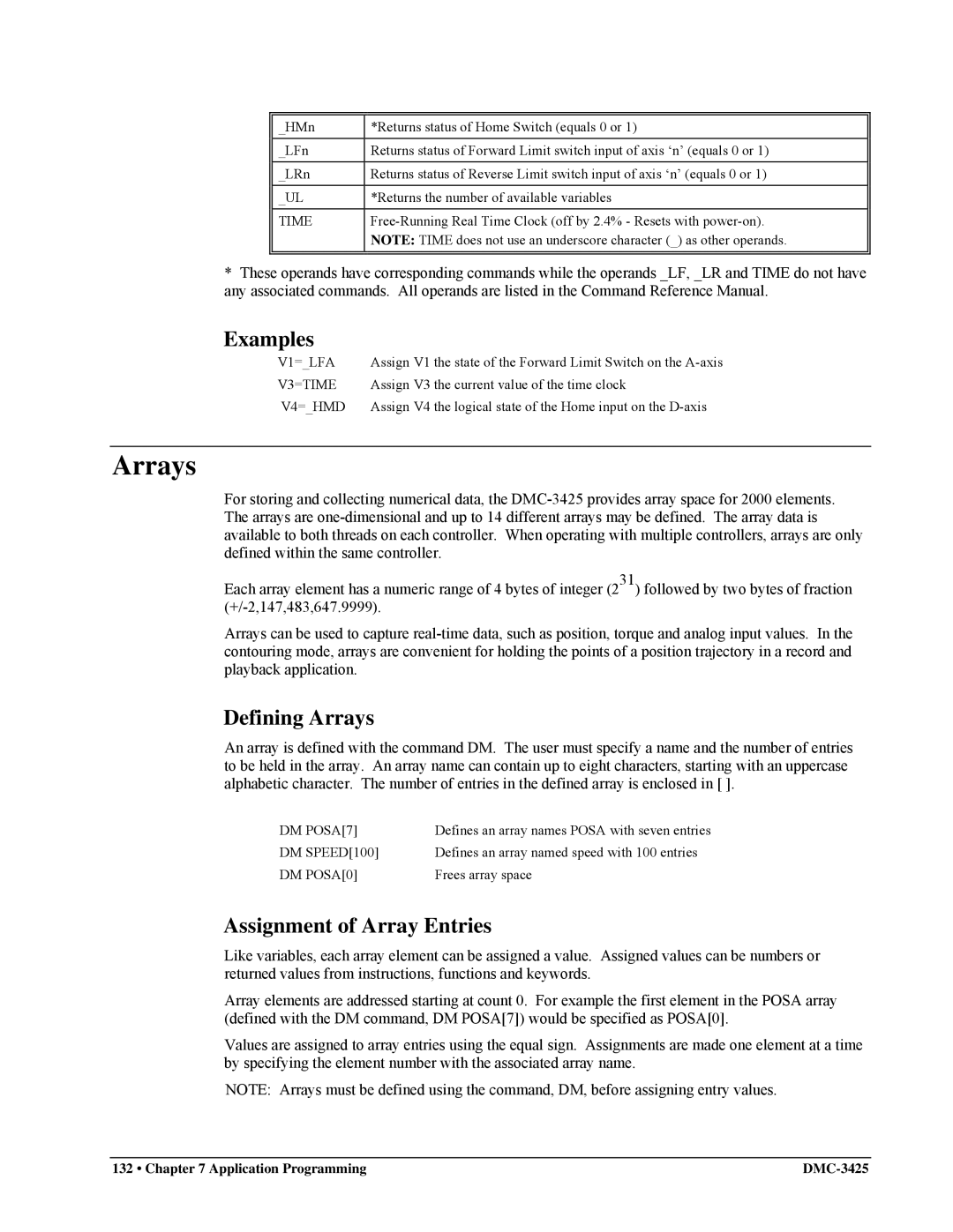 Galil DMC-3425 user manual Defining Arrays, Assignment of Array Entries 