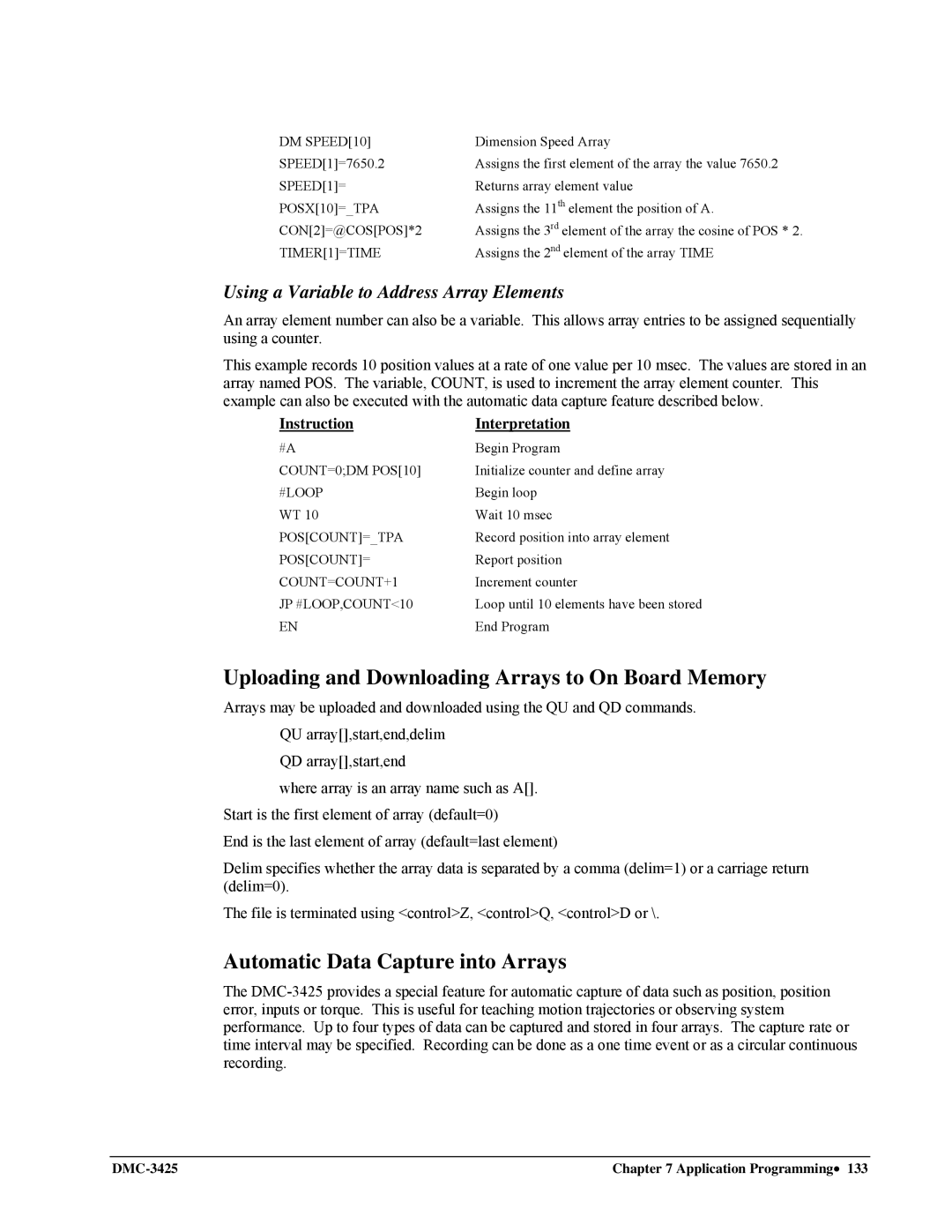 Galil DMC-3425 user manual Uploading and Downloading Arrays to On Board Memory, Automatic Data Capture into Arrays 