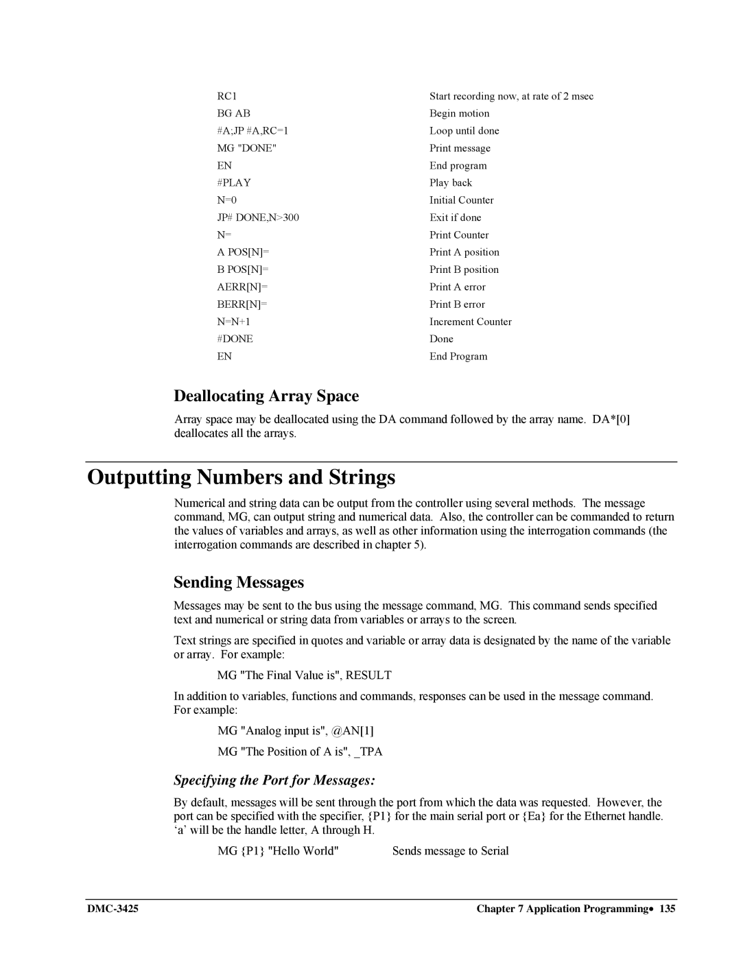 Galil DMC-3425 user manual Outputting Numbers and Strings, Deallocating Array Space, Sending Messages 