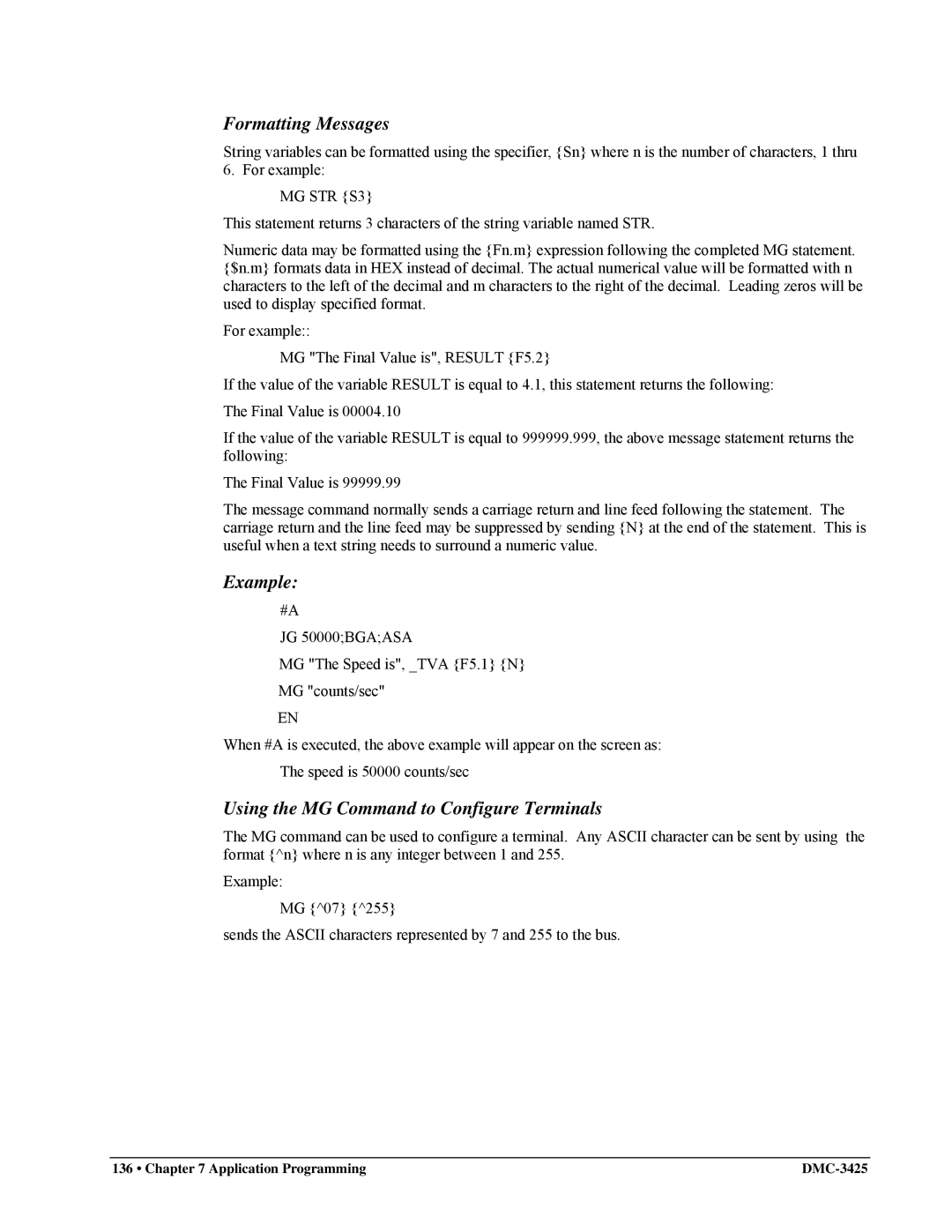 Galil DMC-3425 user manual Formatting Messages, Using the MG Command to Configure Terminals, MG STR S3 