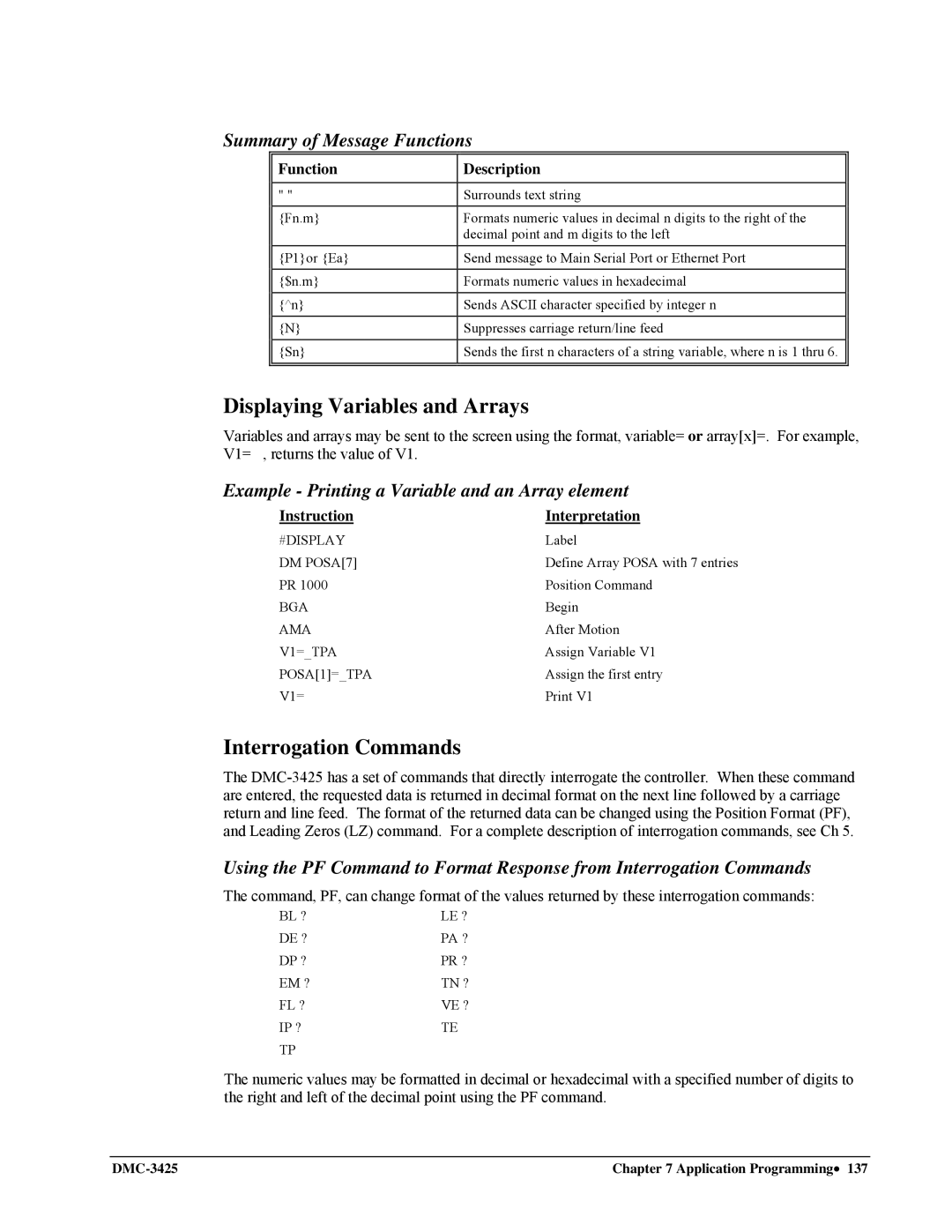 Galil DMC-3425 user manual Displaying Variables and Arrays, Summary of Message Functions, Function Description 