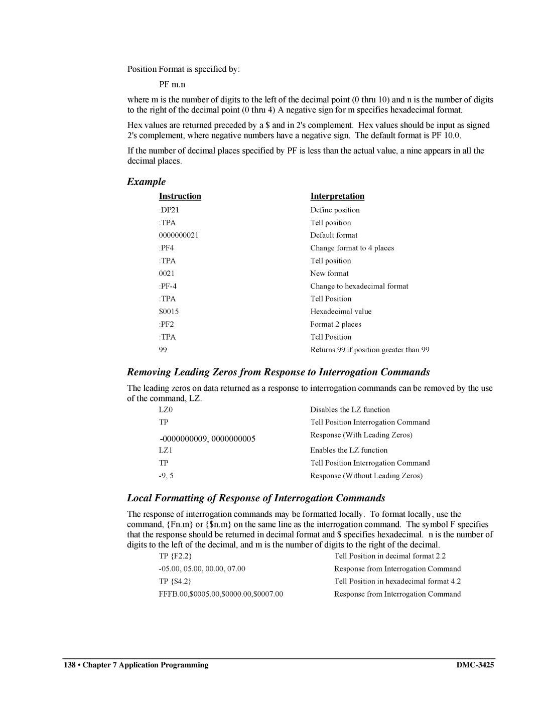 Galil DMC-3425 user manual Local Formatting of Response of Interrogation Commands, LZ0, LZ1 