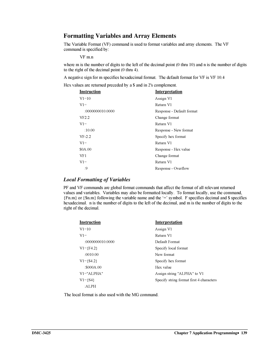 Galil DMC-3425 user manual Formatting Variables and Array Elements, Local Formatting of Variables, VF1, V1=ALPHA, Alph 