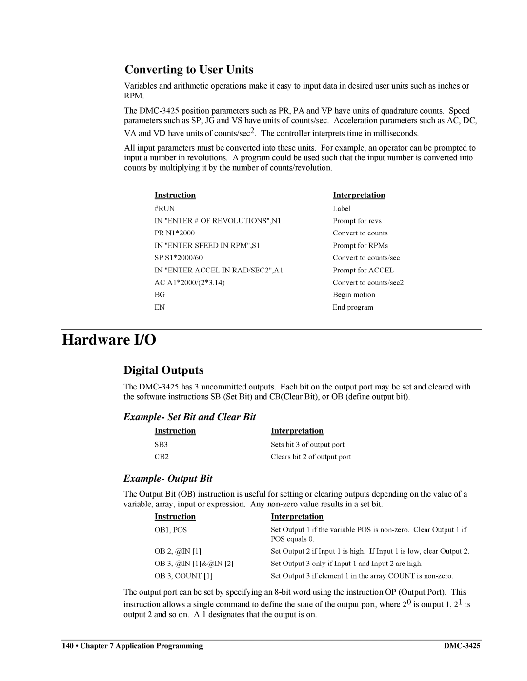 Galil DMC-3425 user manual Hardware I/O, Converting to User Units, Digital Outputs, Example- Set Bit and Clear Bit 