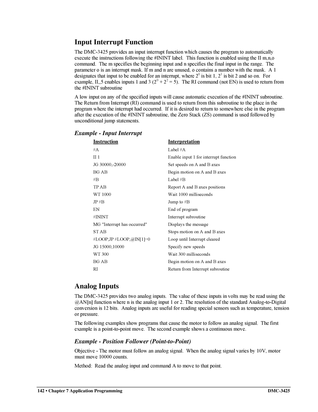 Galil DMC-3425 user manual Input Interrupt Function, Analog Inputs, Example Position Follower Point-to-Point 