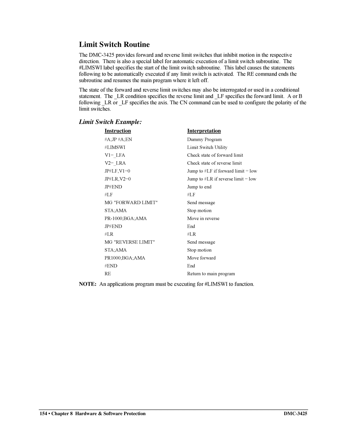 Galil DMC-3425 user manual Limit Switch Routine, Limit Switch Example 