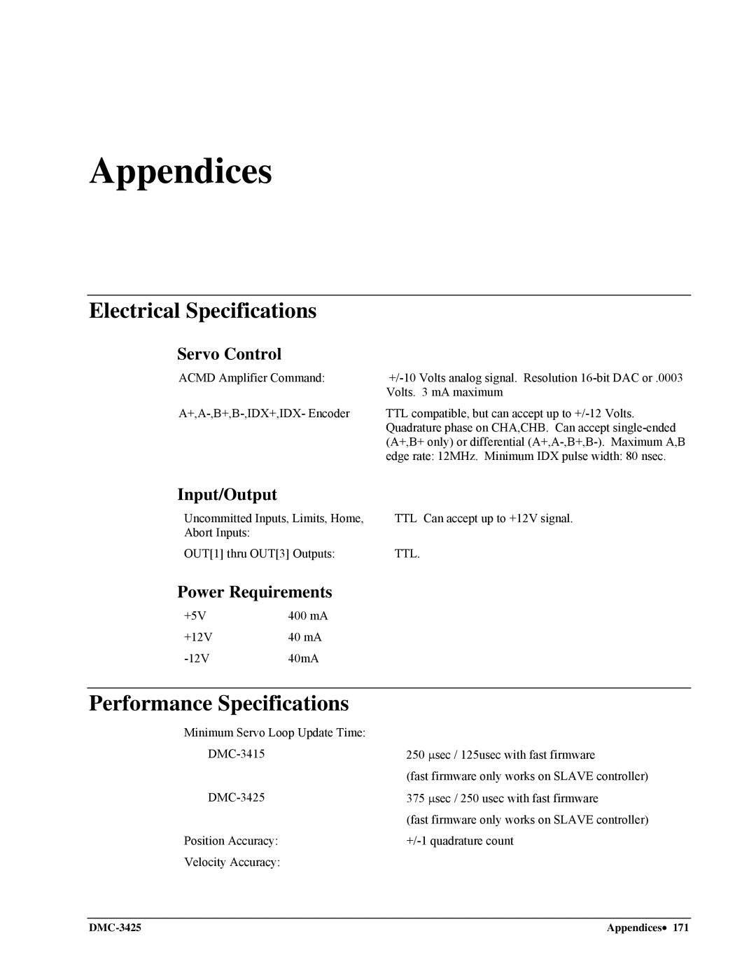 Galil DMC-3425 Electrical Specifications, Performance Specifications, Servo Control, Input/Output, Power Requirements 