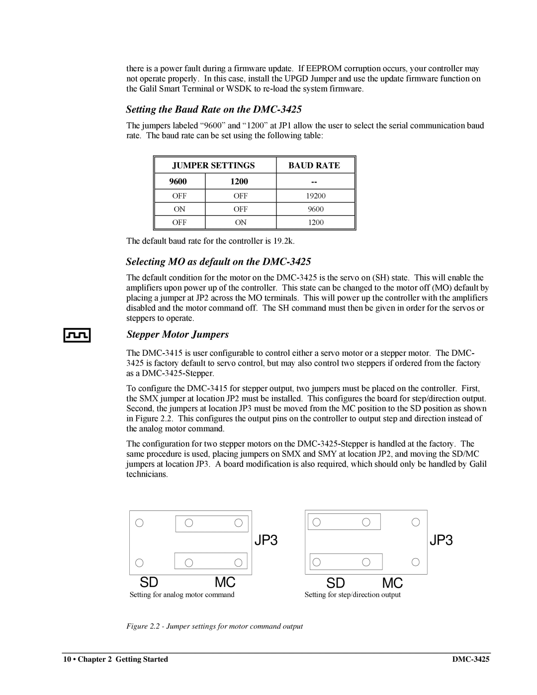 Galil Setting the Baud Rate on the DMC-3425, Selecting MO as default on the DMC-3425, Stepper Motor Jumpers, 9600 1200 