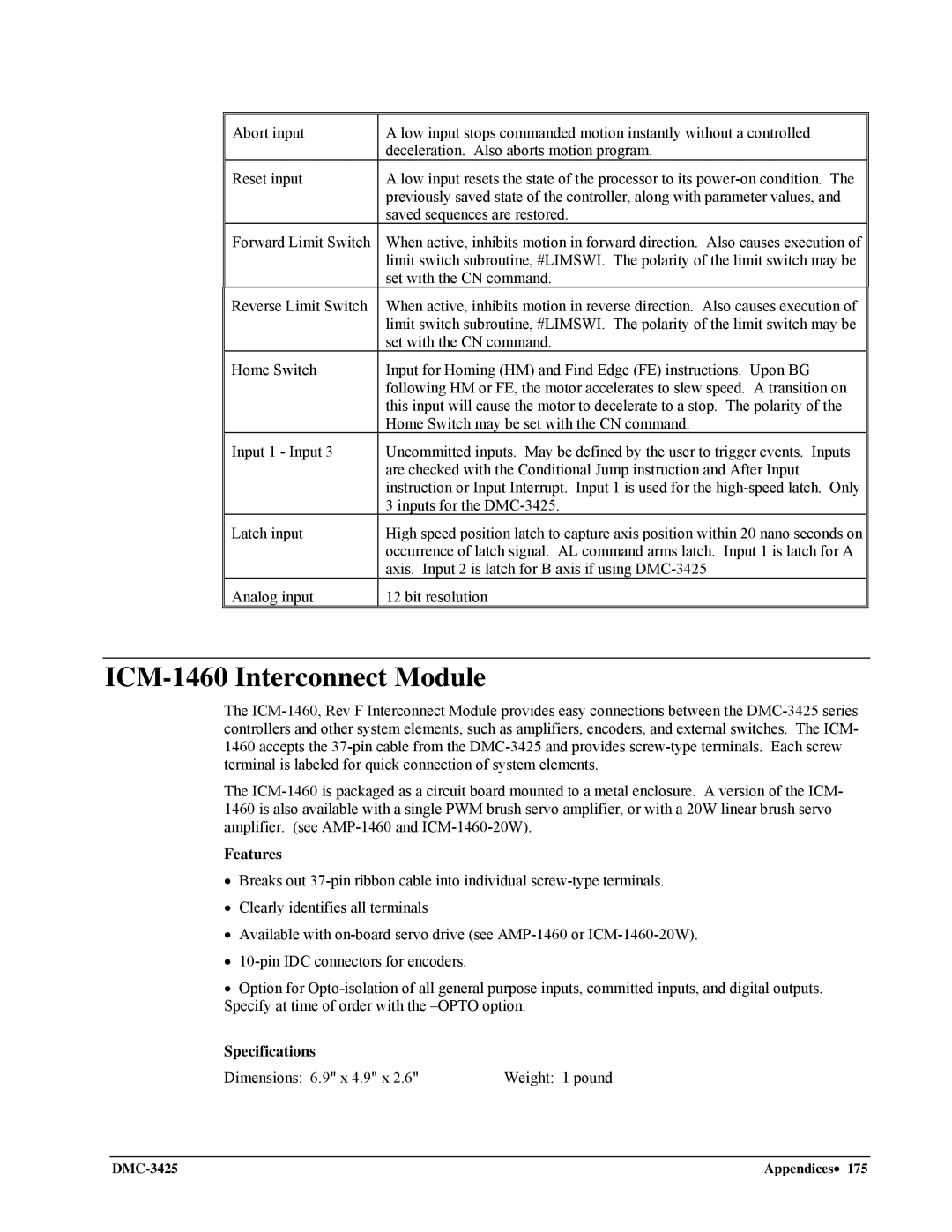 Galil DMC-3425 user manual ICM-1460 Interconnect Module, Features, Specifications 