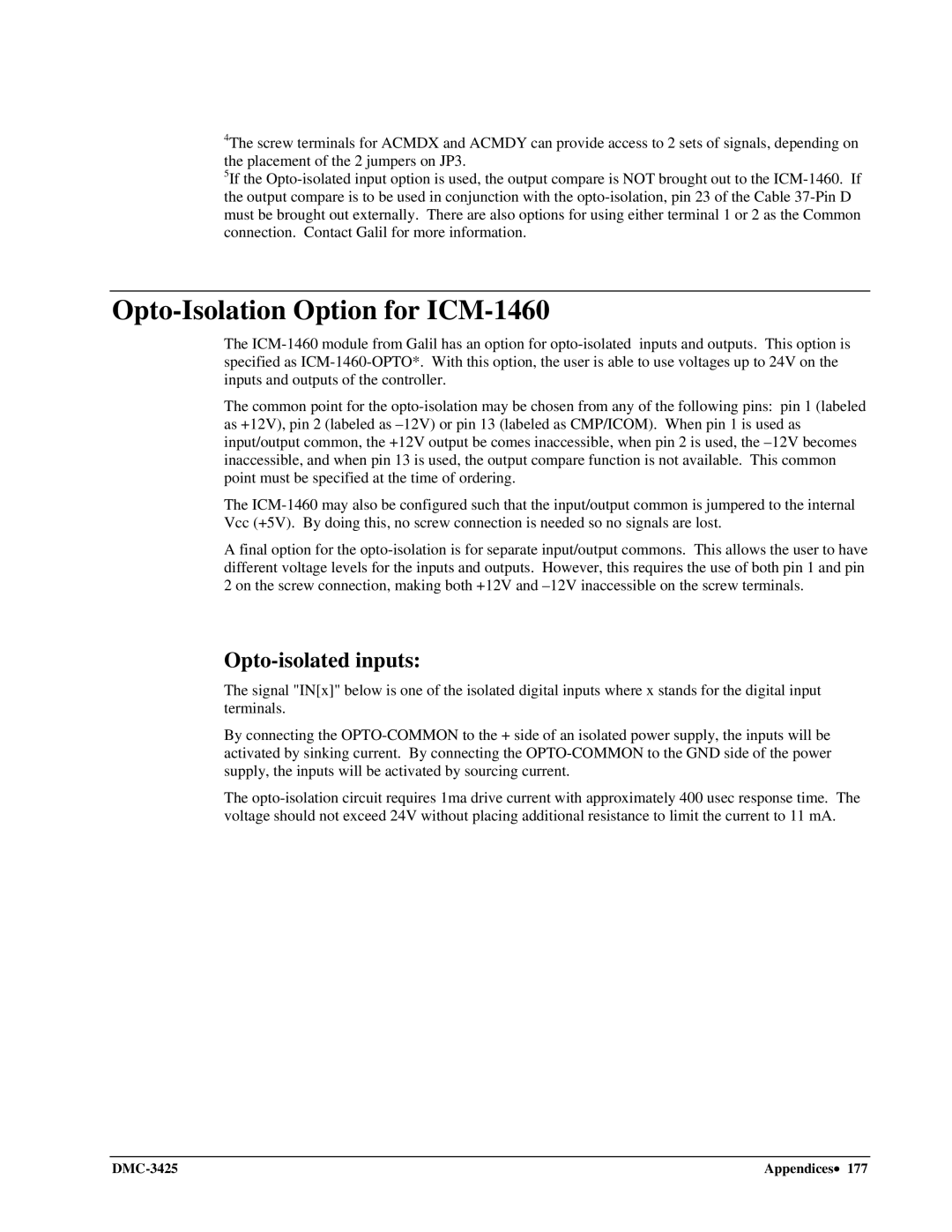 Galil DMC-3425 user manual Opto-Isolation Option for ICM-1460, Opto-isolated inputs 