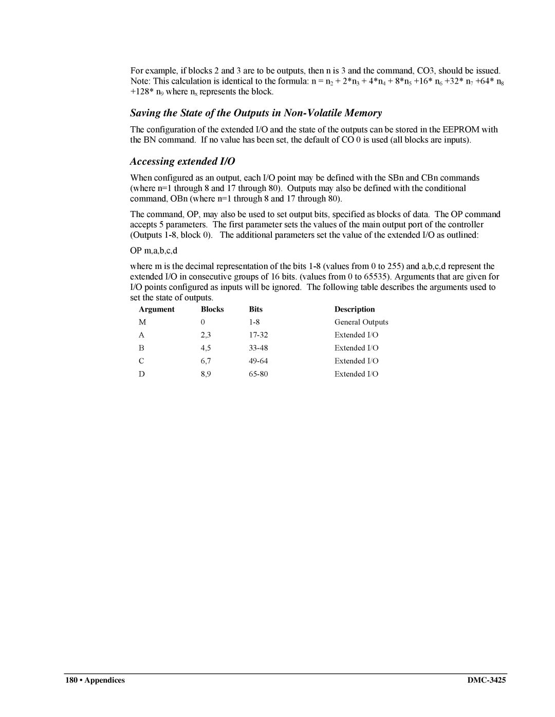 Galil DMC-3425 user manual Saving the State of the Outputs in Non-Volatile Memory, Accessing extended I/O 