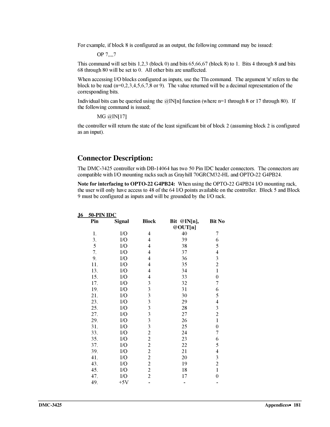 Galil DMC-3425 user manual Connector Description, J6 50-PIN IDC Pin Signal Block Bit @INn Bit No @OUTn 