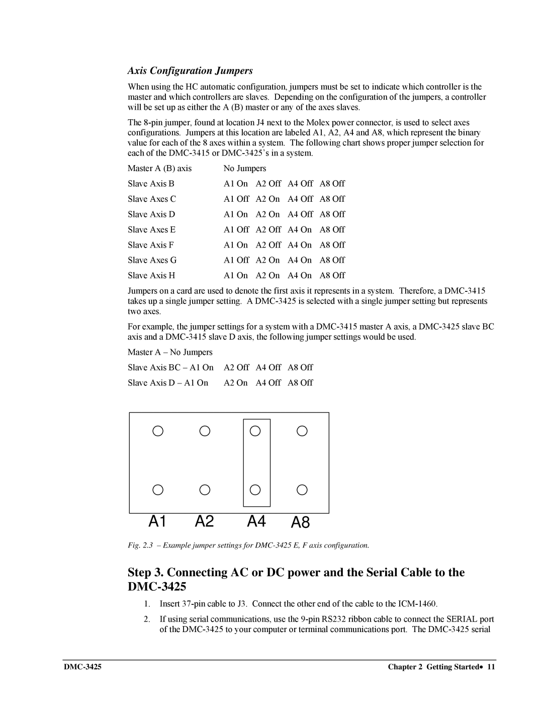 Galil DMC-3425 user manual A1 A2 A4 A8, Axis Configuration Jumpers 