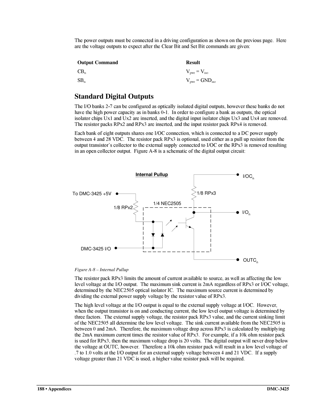 Galil DMC-3425 user manual Standard Digital Outputs, Output Command Result 