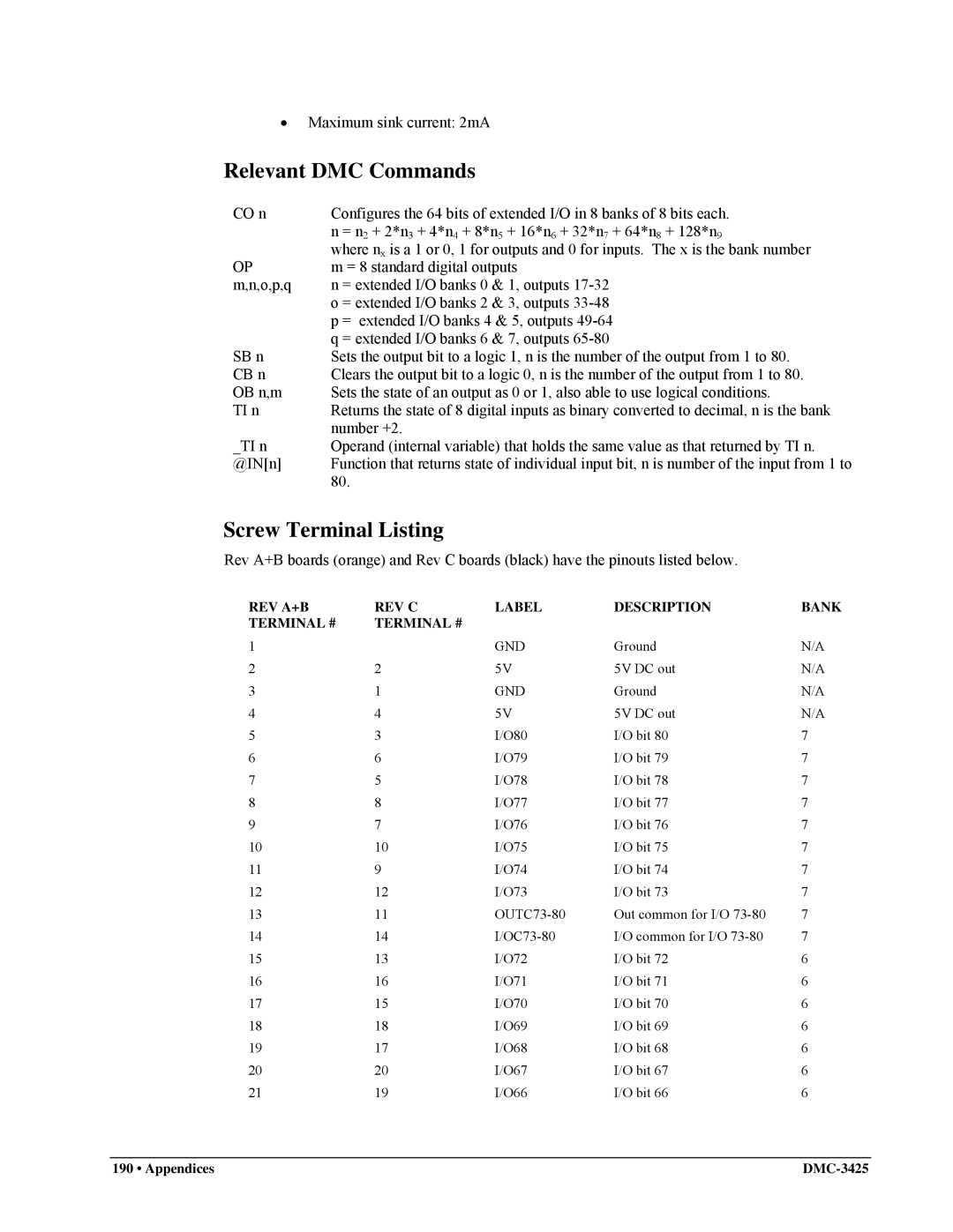 Galil DMC-3425 user manual Relevant DMC Commands, Screw Terminal Listing 