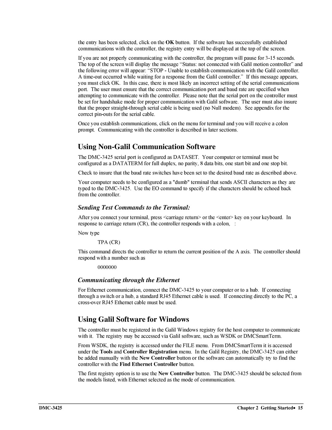 Galil DMC-3425 user manual Using Non-Galil Communication Software, Sending Test Commands to the Terminal, Tpa Cr 