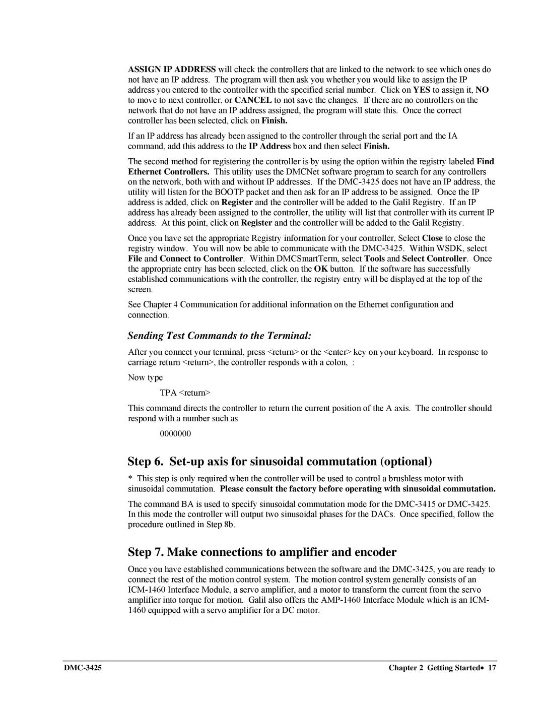 Galil DMC-3425 user manual Set-up axis for sinusoidal commutation optional, Make connections to amplifier and encoder 