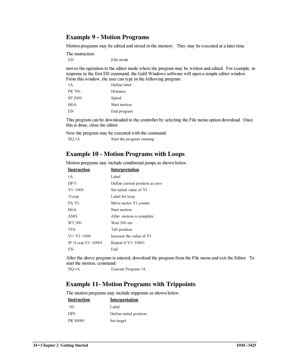 Galil DMC-3425 user manual Example 9 Motion Programs, Example 10 Motion Programs with Loops 