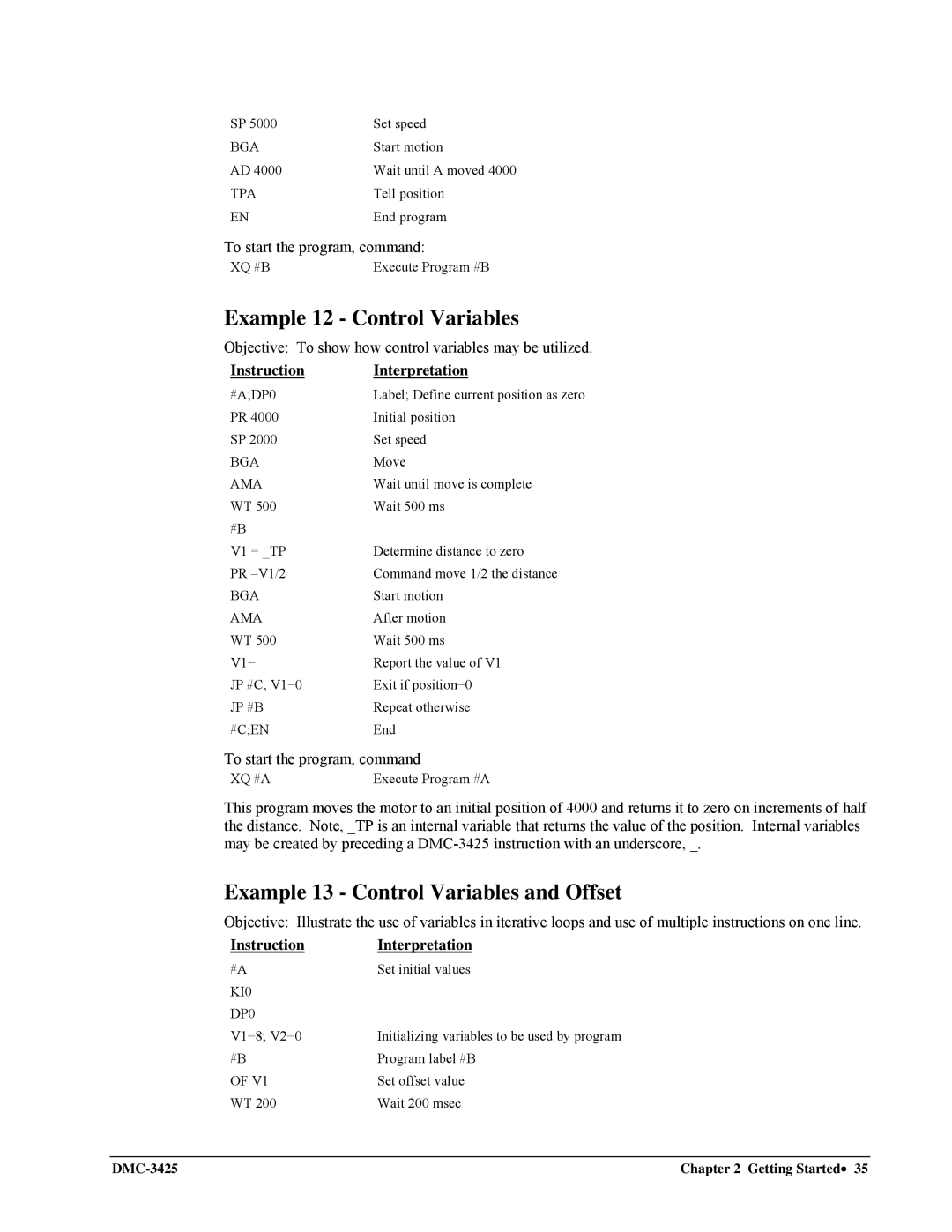 Galil DMC-3425 user manual Example 12 Control Variables, Example 13 Control Variables and Offset 