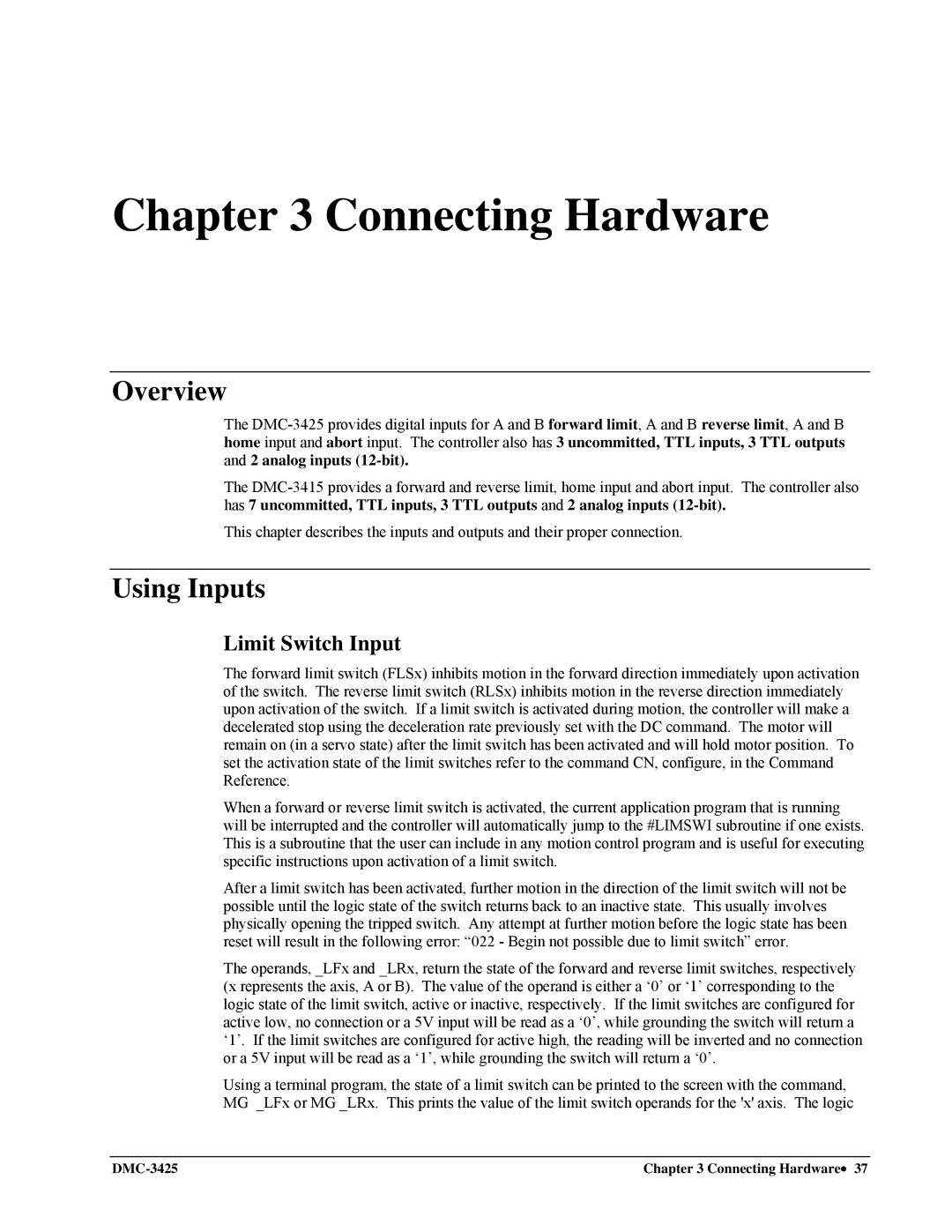 Galil DMC-3425 user manual Overview, Using Inputs, Limit Switch Input 