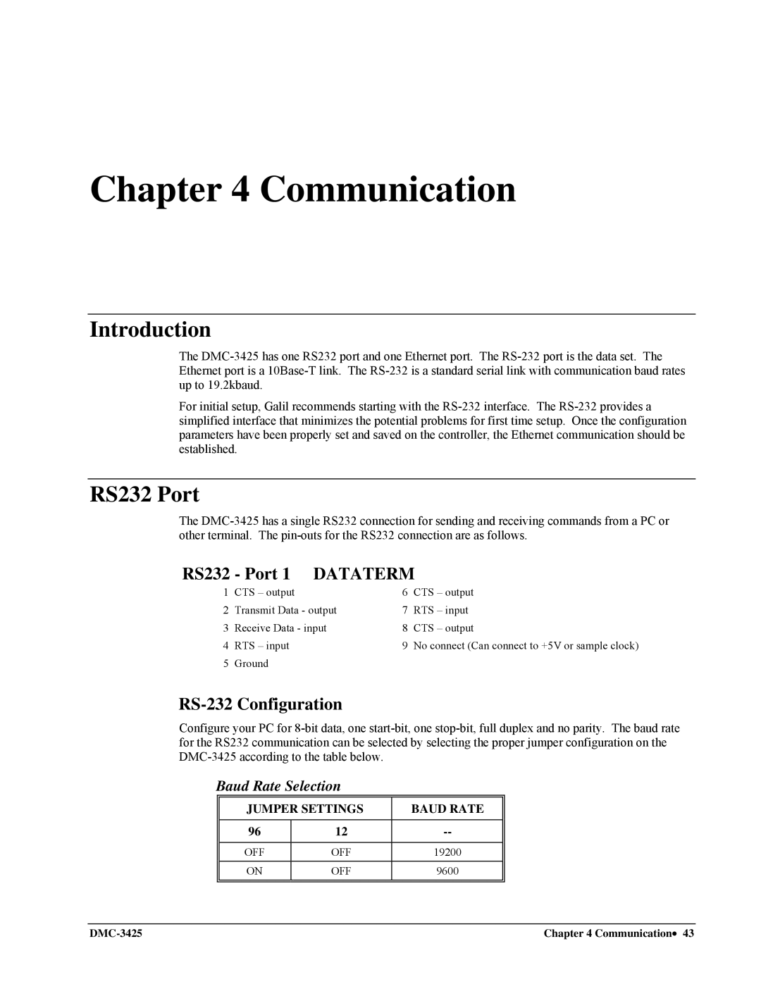 Galil DMC-3425 user manual RS232 Port 1 Dataterm, RS-232 Configuration, Baud Rate Selection 