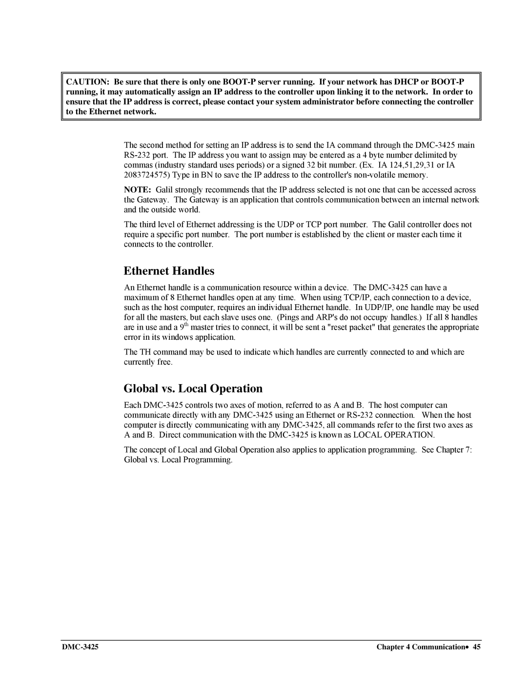 Galil DMC-3425 user manual Ethernet Handles, Global vs. Local Operation 