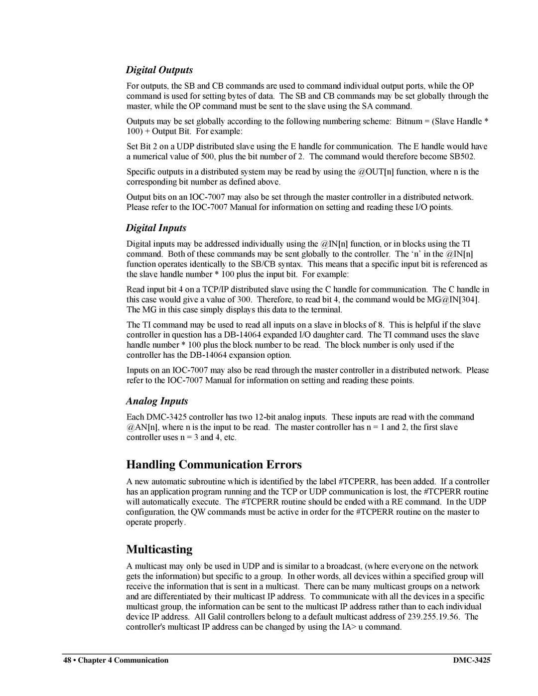 Galil DMC-3425 user manual Handling Communication Errors, Multicasting, Digital Outputs, Digital Inputs, Analog Inputs 