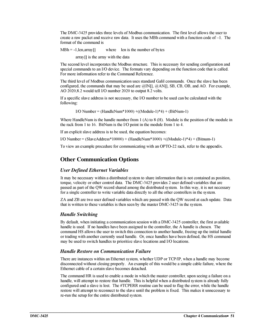 Galil DMC-3425 user manual Other Communication Options, User Defined Ethernet Variables, Handle Switching 