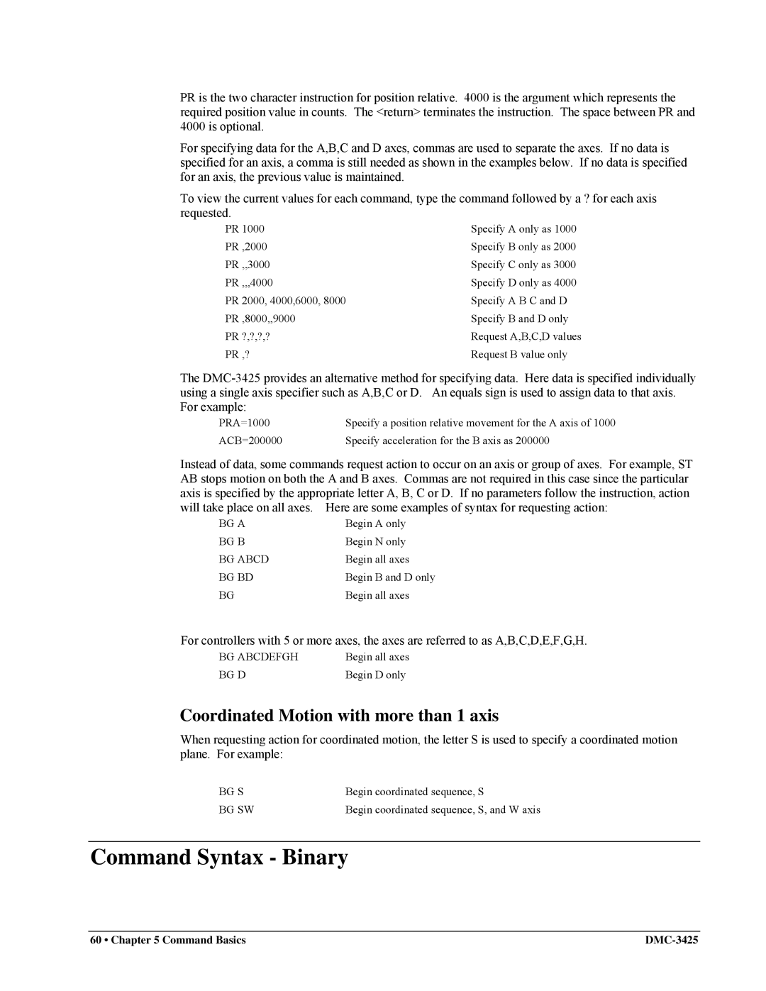 Galil DMC-3425 user manual Command Syntax Binary, Coordinated Motion with more than 1 axis 