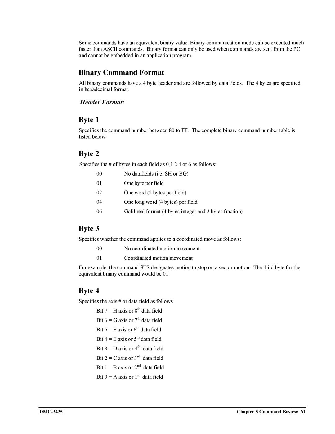 Galil DMC-3425 user manual Binary Command Format, Byte, Header Format 