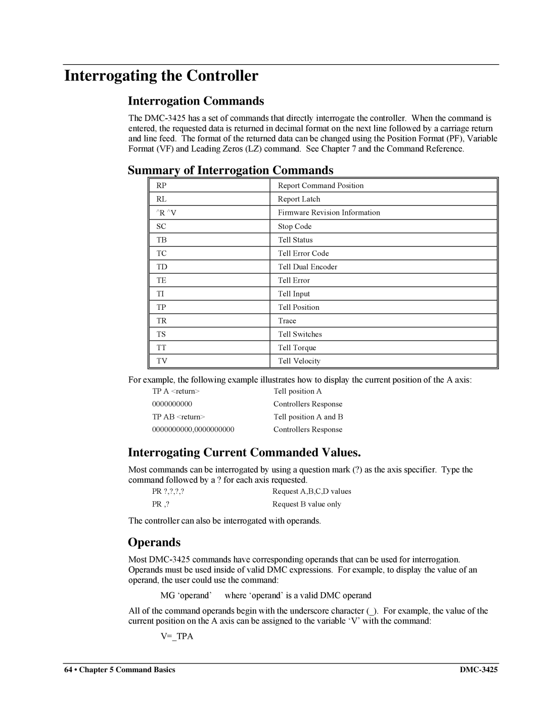 Galil DMC-3425 Interrogating the Controller, Summary of Interrogation Commands, Interrogating Current Commanded Values 