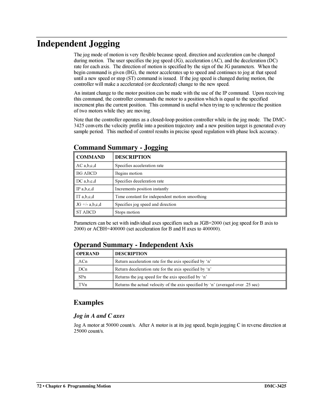 Galil DMC-3425 user manual Independent Jogging, Command Summary Jogging, Jog in a and C axes 