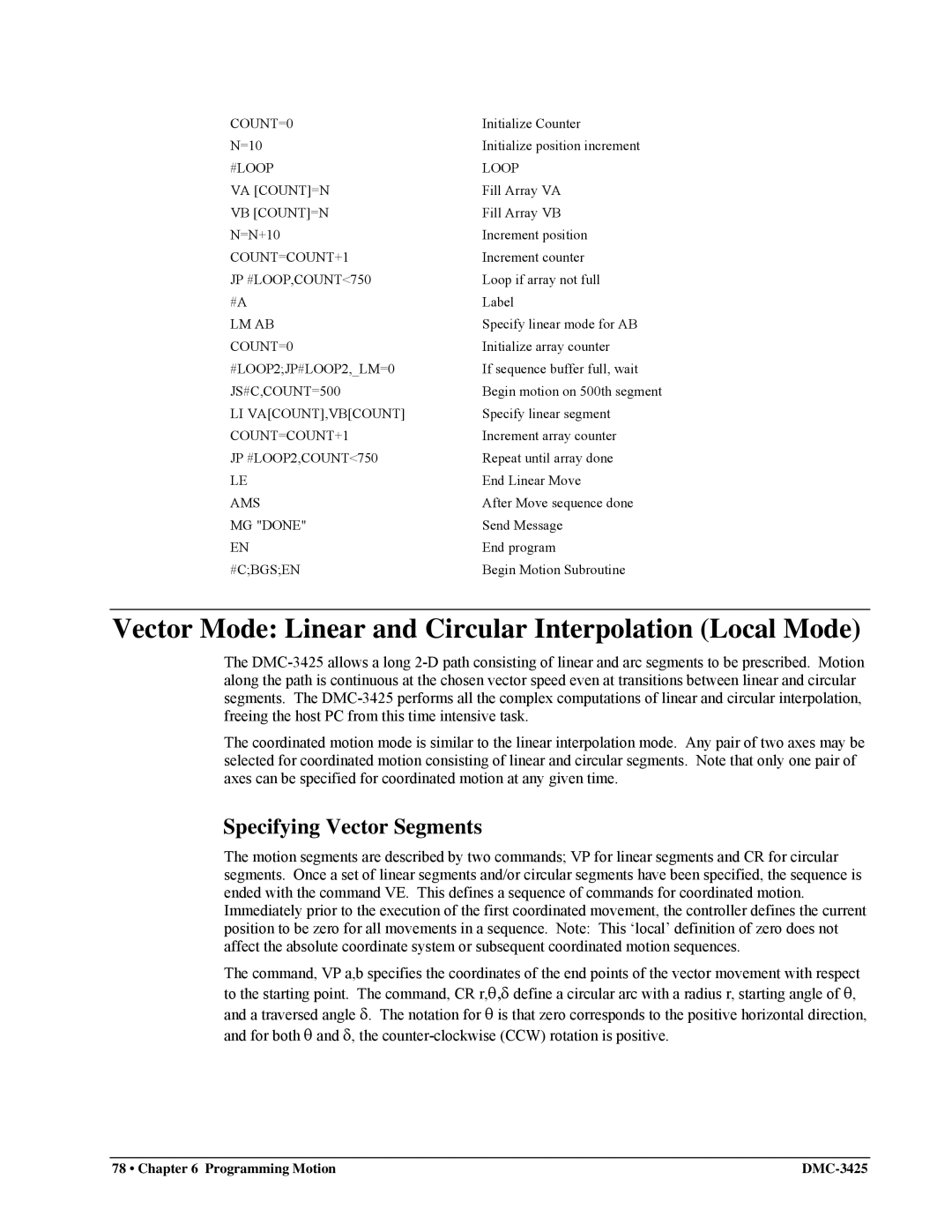 Galil DMC-3425 user manual Vector Mode Linear and Circular Interpolation Local Mode, Specifying Vector Segments 