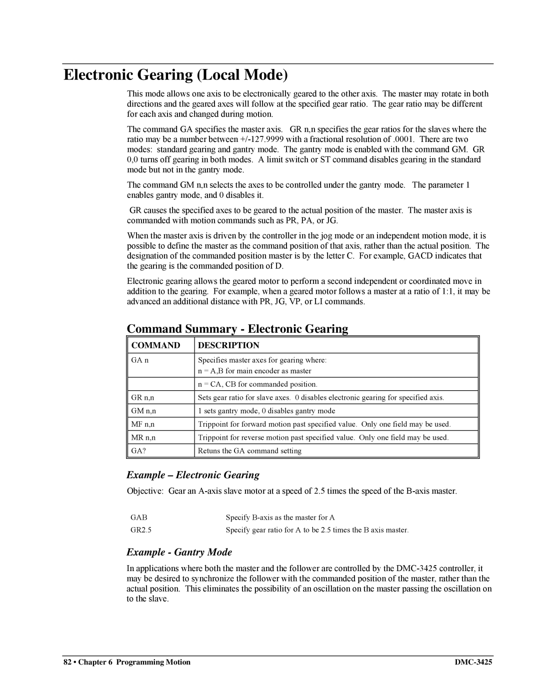 Galil DMC-3425 user manual Electronic Gearing Local Mode, Command Summary Electronic Gearing, Example Electronic Gearing 