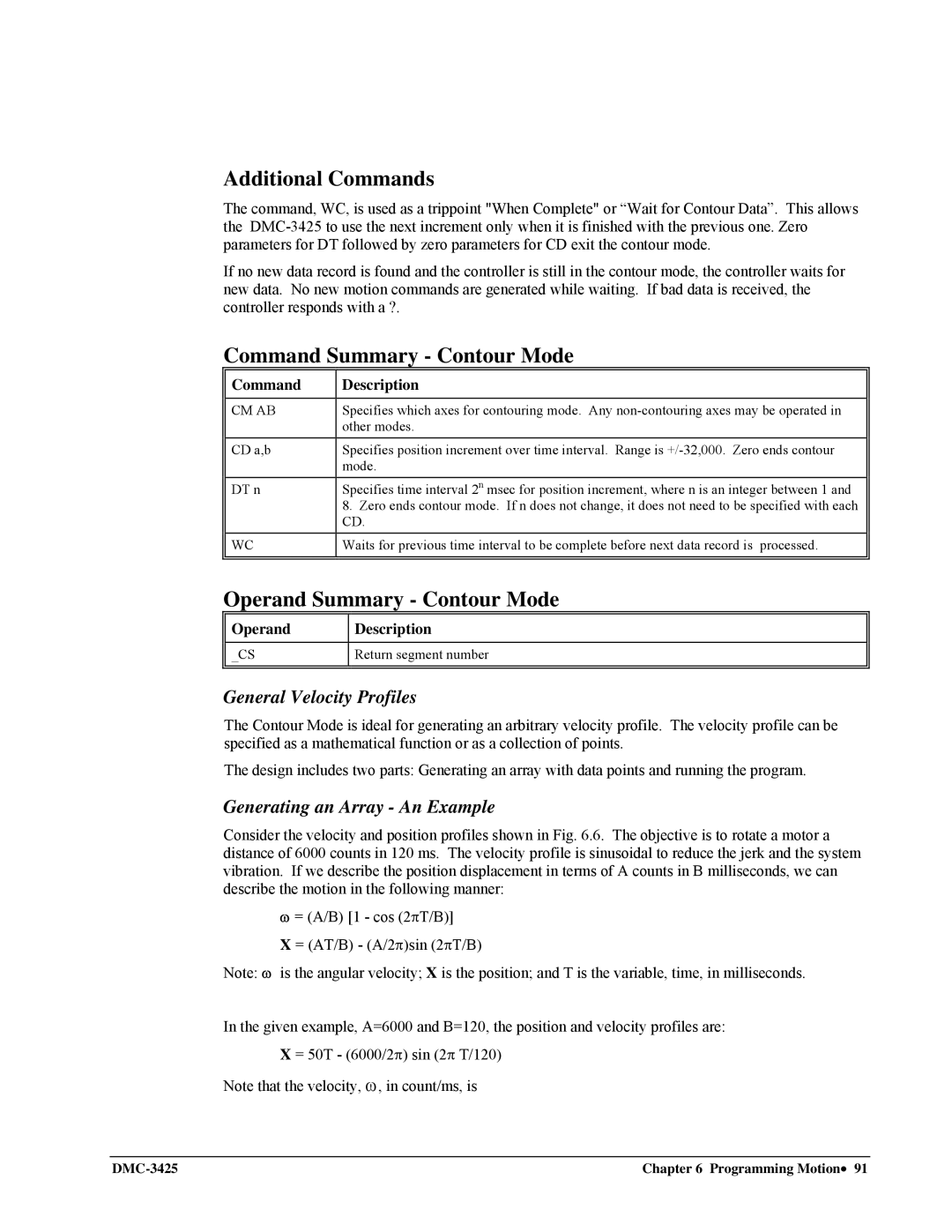 Galil DMC-3425 Command Summary Contour Mode, Operand Summary Contour Mode, General Velocity Profiles, Operand Description 