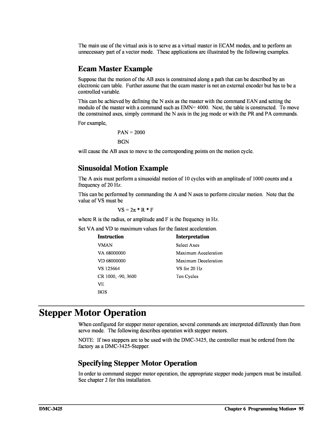 Galil DMC-3425 user manual Ecam Master Example, Sinusoidal Motion Example, Specifying Stepper Motor Operation 