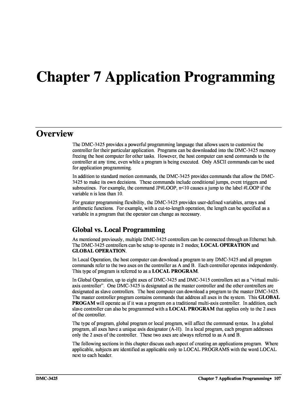 Galil DMC-3425 user manual Application Programming, Global vs. Local Programming, Overview 
