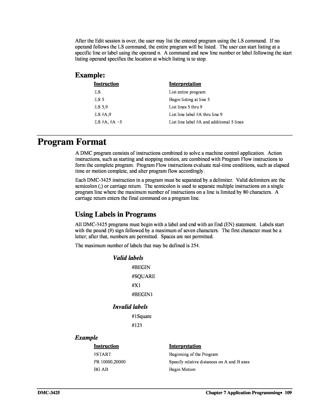 Galil DMC-3425 user manual Program Format, Using Labels in Programs, Valid labels, Invalid labels, Example 
