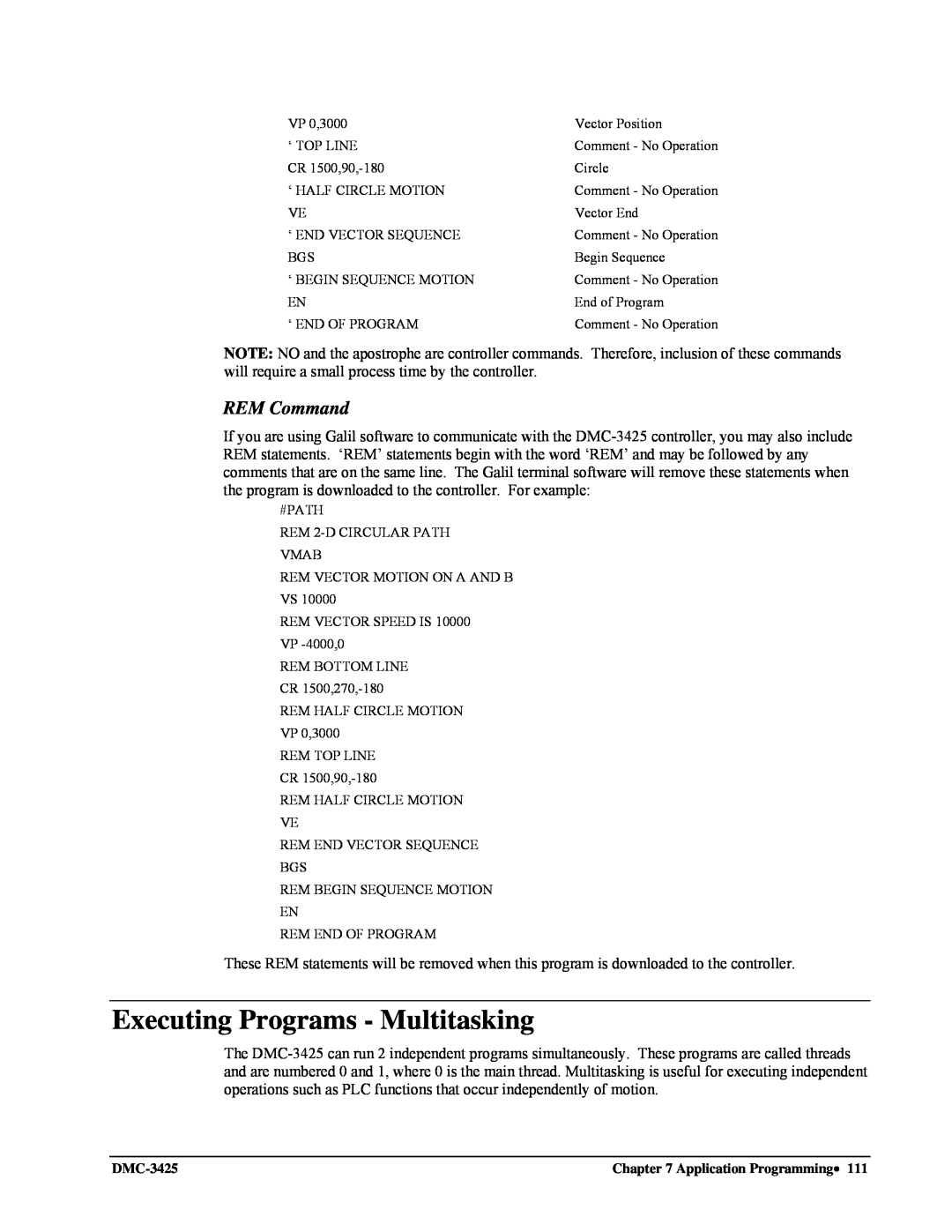 Galil DMC-3425 user manual Executing Programs - Multitasking, REM Command 