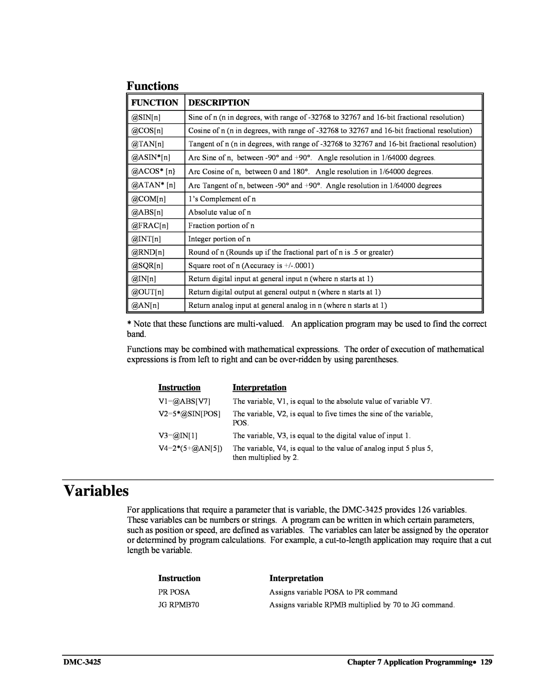Galil DMC-3425 user manual Variables, Functions 