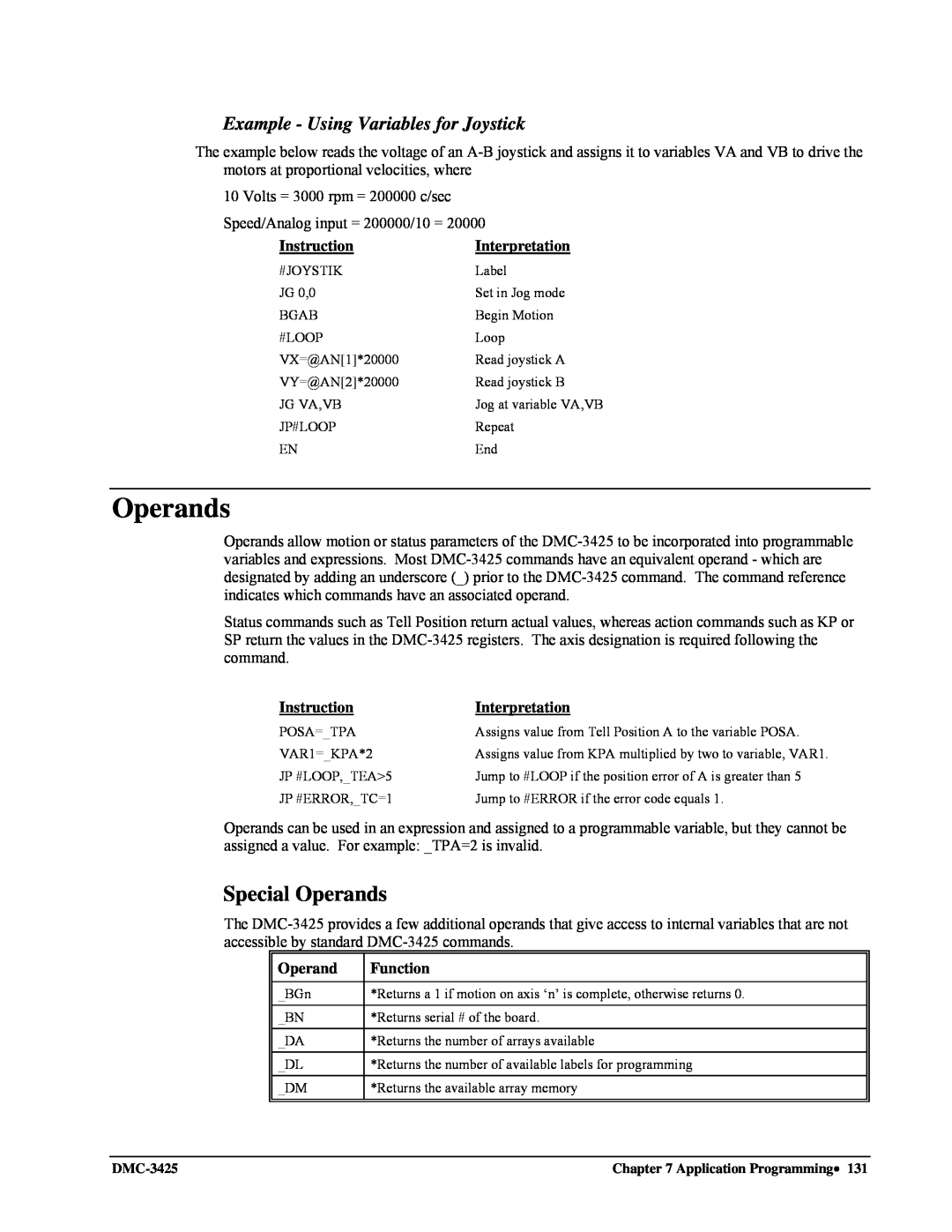 Galil DMC-3425 user manual Special Operands, Example - Using Variables for Joystick 