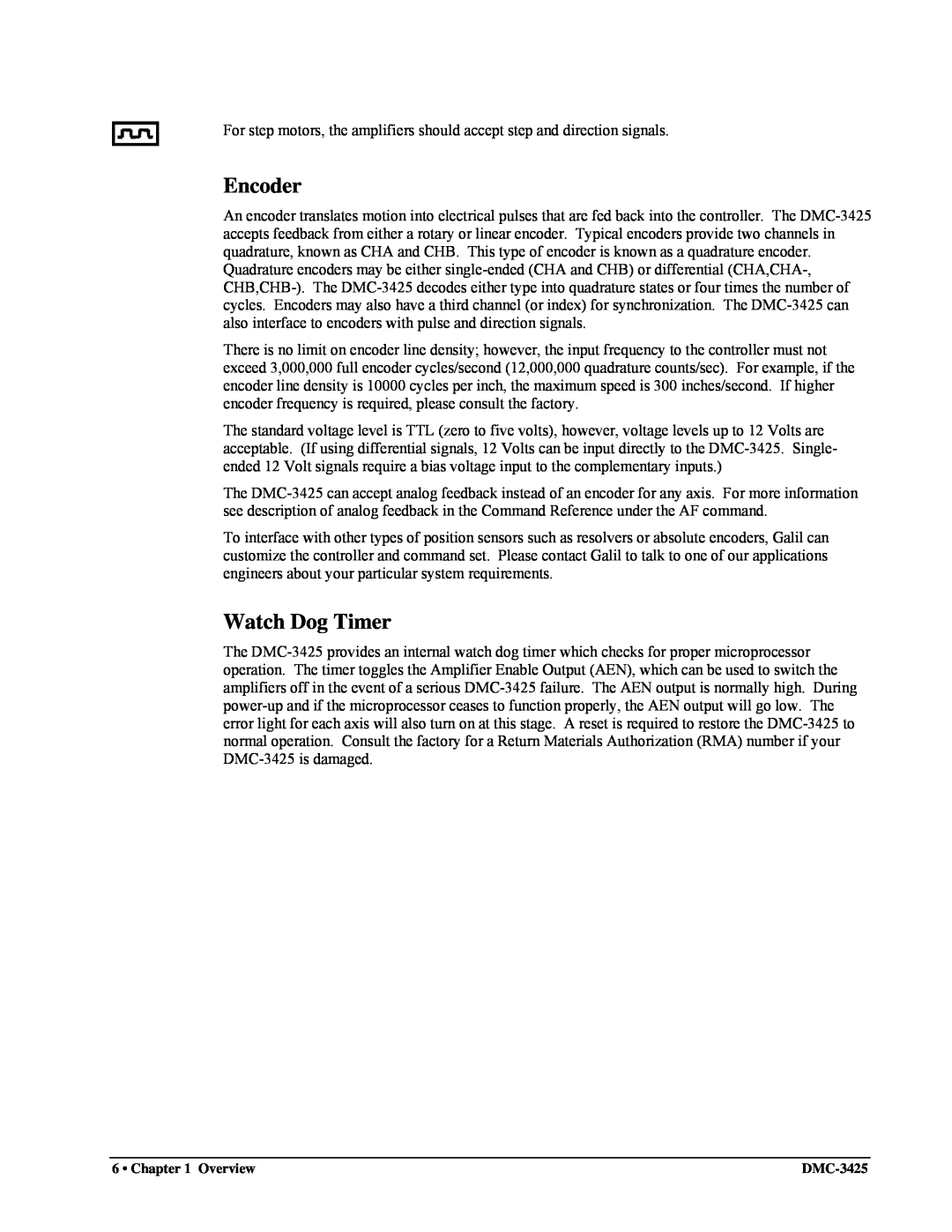 Galil DMC-3425 user manual Encoder, Watch Dog Timer, 6 • Overview 
