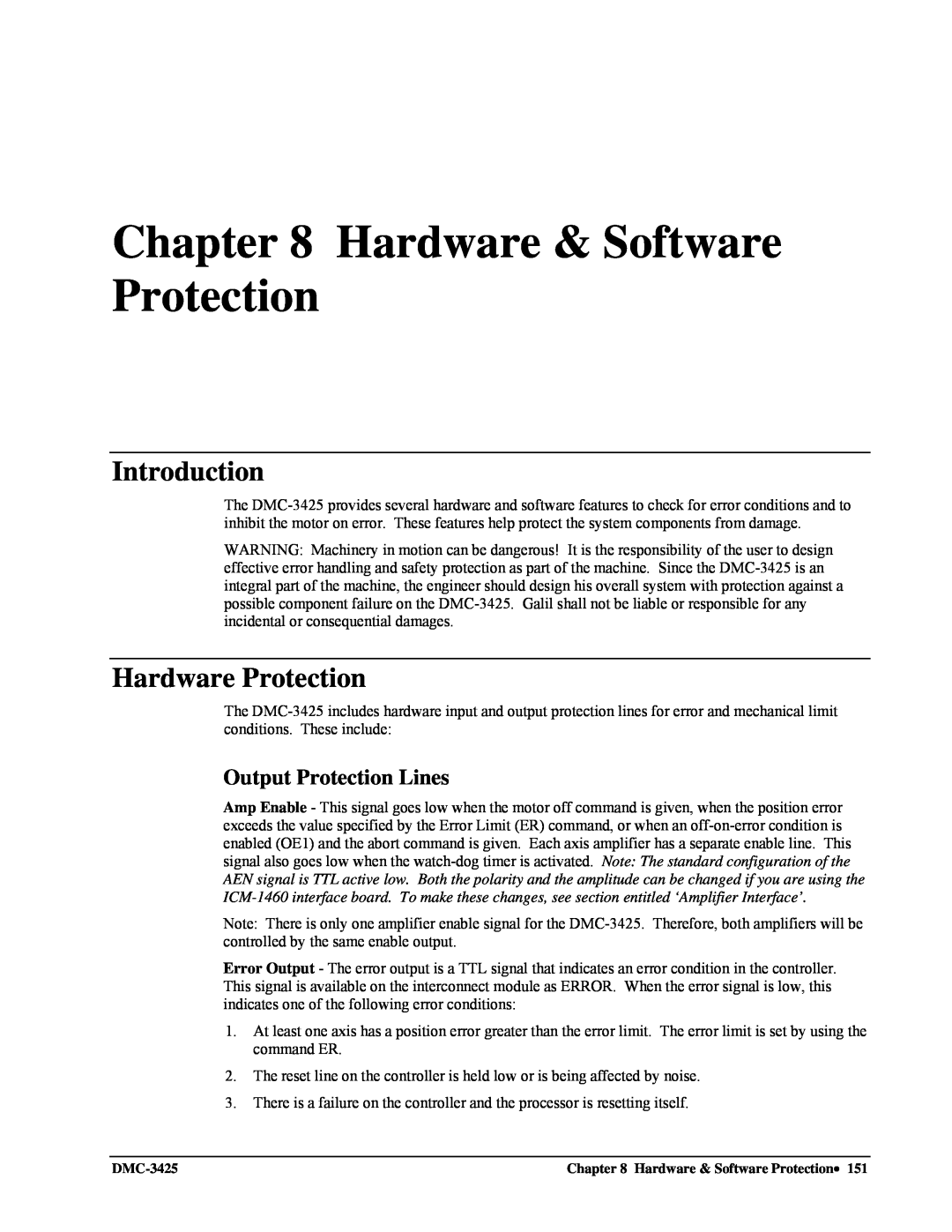 Galil DMC-3425 user manual Hardware & Software Protection, Hardware Protection, Output Protection Lines, Introduction 