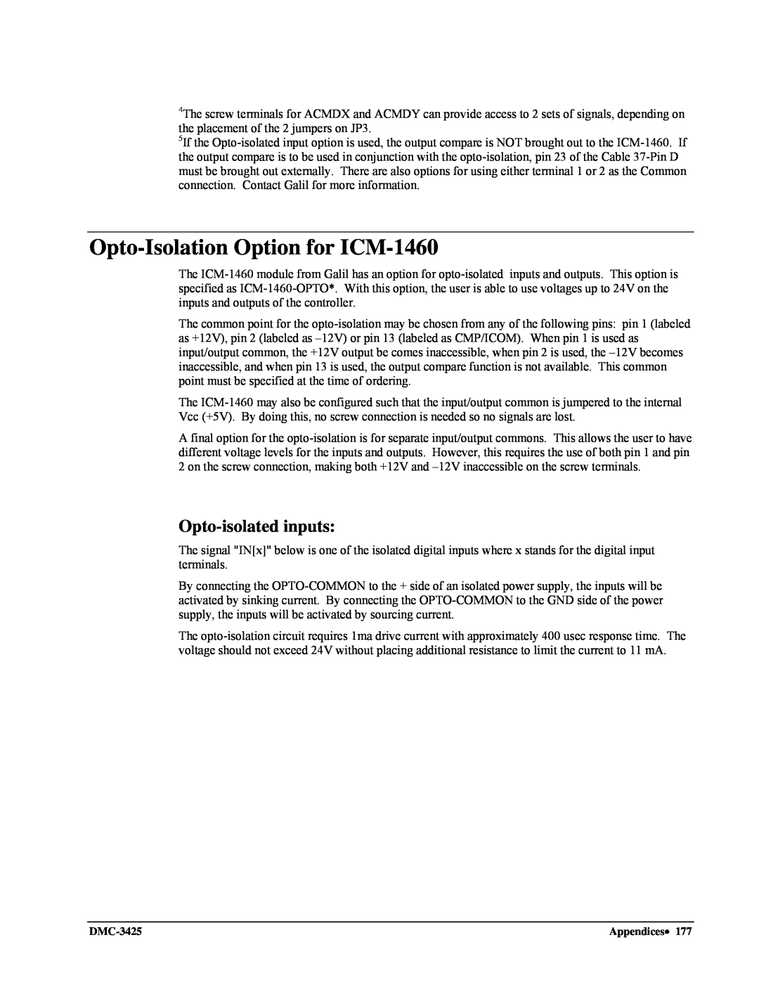 Galil DMC-3425 user manual Opto-IsolationOption for ICM-1460, Opto-isolatedinputs 
