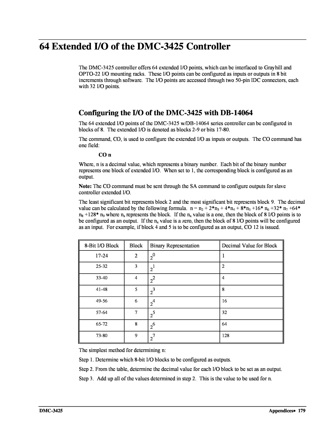 Galil user manual Extended I/O of the DMC-3425Controller, Configuring the I/O of the DMC-3425with DB-14064 