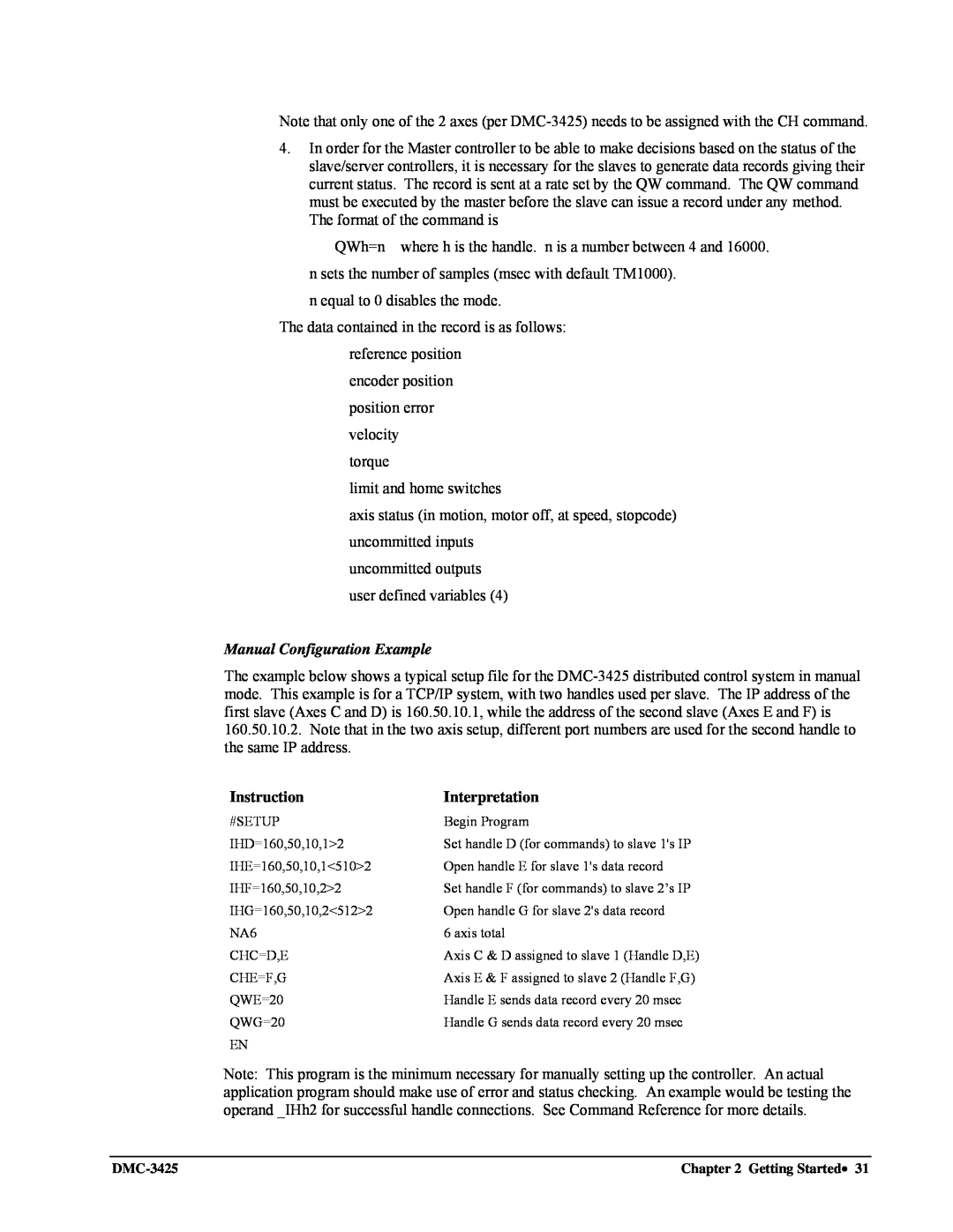 Galil DMC-3425 user manual Manual Configuration Example 