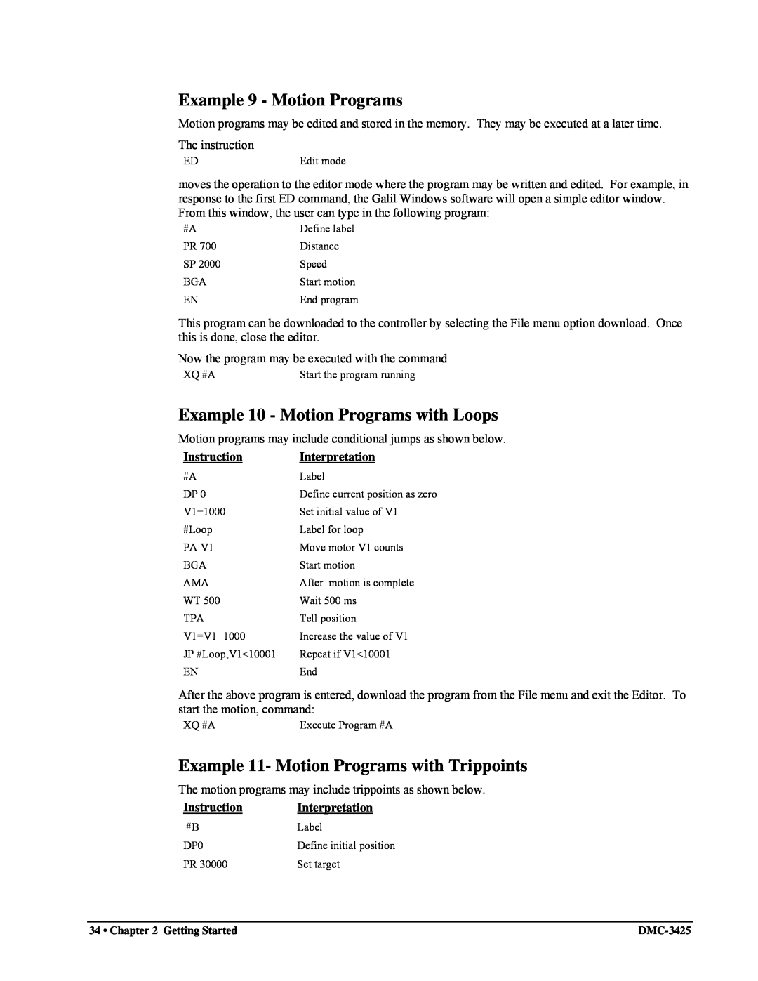 Galil DMC-3425 user manual Example 9 - Motion Programs, Example 10 - Motion Programs with Loops 